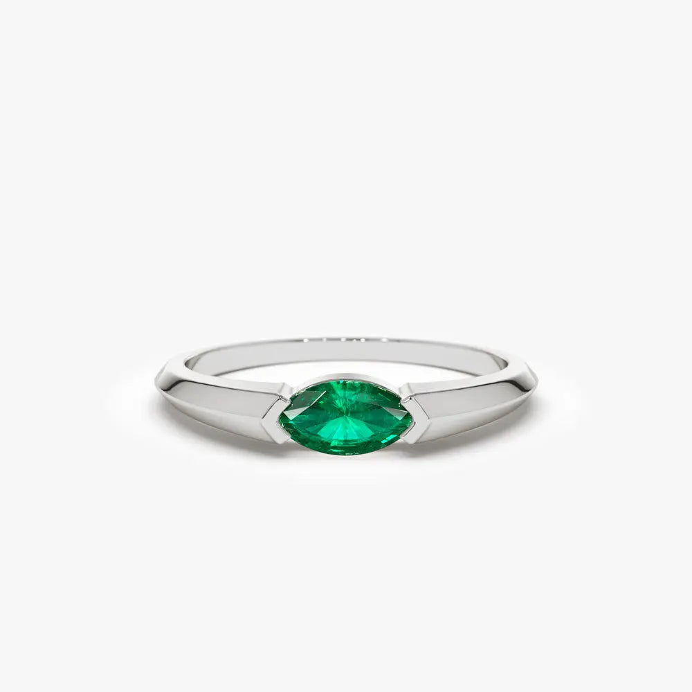2026 New Collection 14K Solid Gold Bezel Setting Horizontal Marquise Shape 6x3 MM Natural Emerald 0.25 Ctw Eternity Band Fine