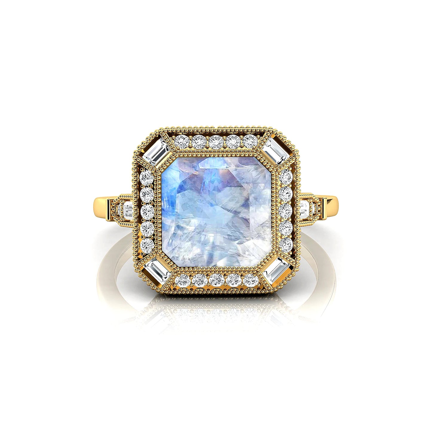 Luxurious Design Natural Rainbow Moonstone Gemstone Dainty Rings 18k Solid Gold Rhodium Plated Classic Wedding Real White