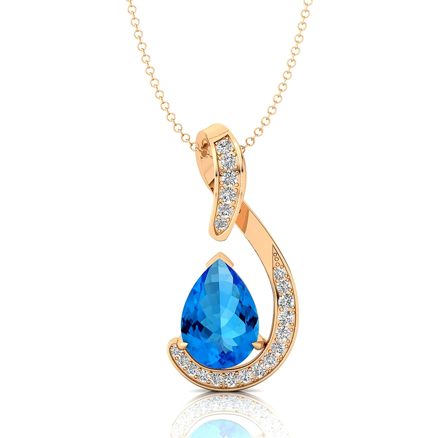 14k Solid Gold Pendant Natural Swiss Blue Topaz Stone & Diamonds Pendant Necklace For Women Wedding Pendant Gift For Wife