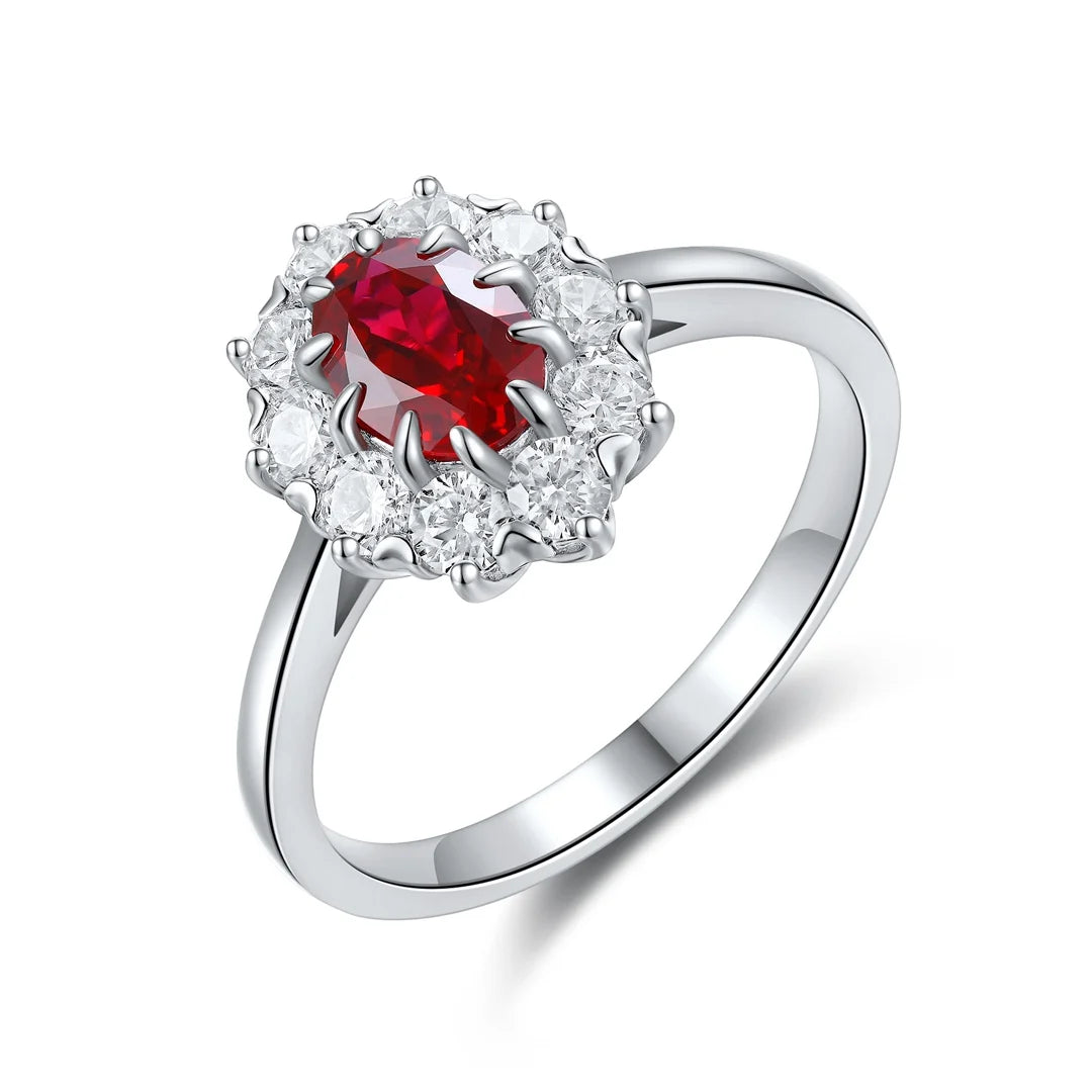 Gemfiori Anster Lab Created Ruby Oval Cut Women Ring S925 Sterling Silver Lab Made Diamonds and Ring