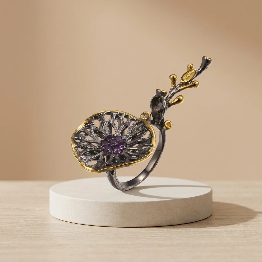 Fashion Handmade Lotus Leaf 925 Sterling Silver Ring With Black Gold Plated