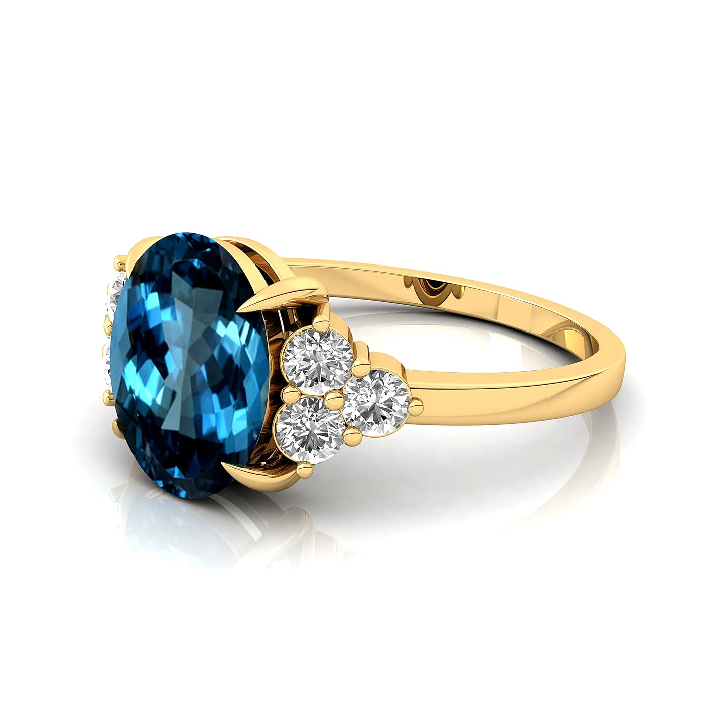 Solid 14k Gold Classic Unique Oval Shape Natural London Blue Topaz Gemstone Real Diamond Cluster Pave Setting Premium Designer