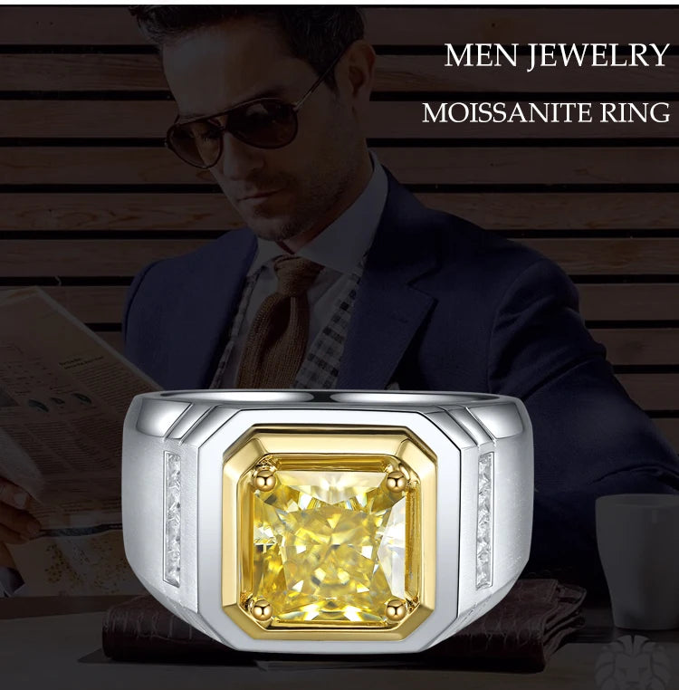 Gemfiori Anster Moissanite Diamonds and Ring S925 Sterling Silver Radiant Cut White Moissanite Diamond Men Ring