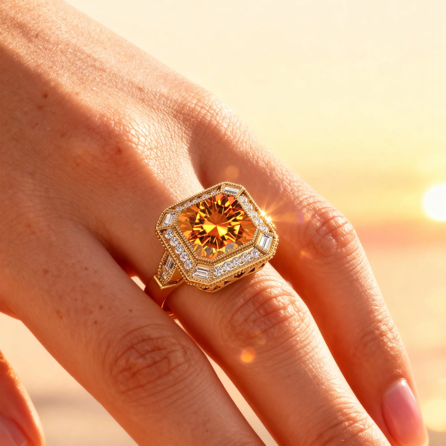Trendy Solid Gold Rhodium Plated Natural Citrine Gemstone Fine Real Diamonds Classic Wedding Halo Soliotaire Ring For Wife