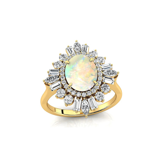 Gorgeous Ethiopian Opal Oval Cut Gemstone Real Diamonds Unique Design Halo Solitaire Rings Solid Gold Rhodium Plated Fine Party