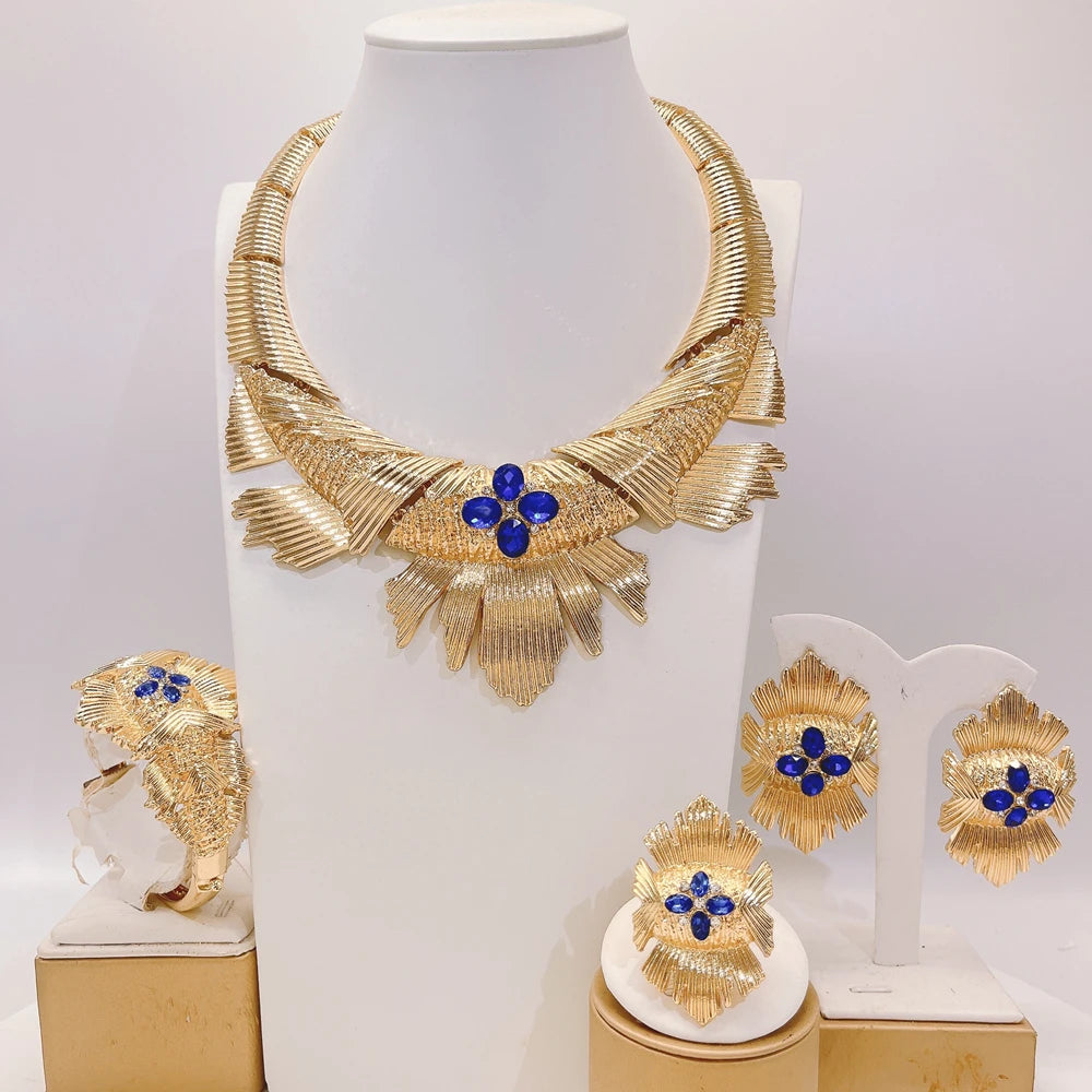 Zhuerrui Dubai Gold Plated Jewelry Set Blue Stone Inlaid Statement Fan Necklace Earrings Bracelet Ring Women Ceremony I005220