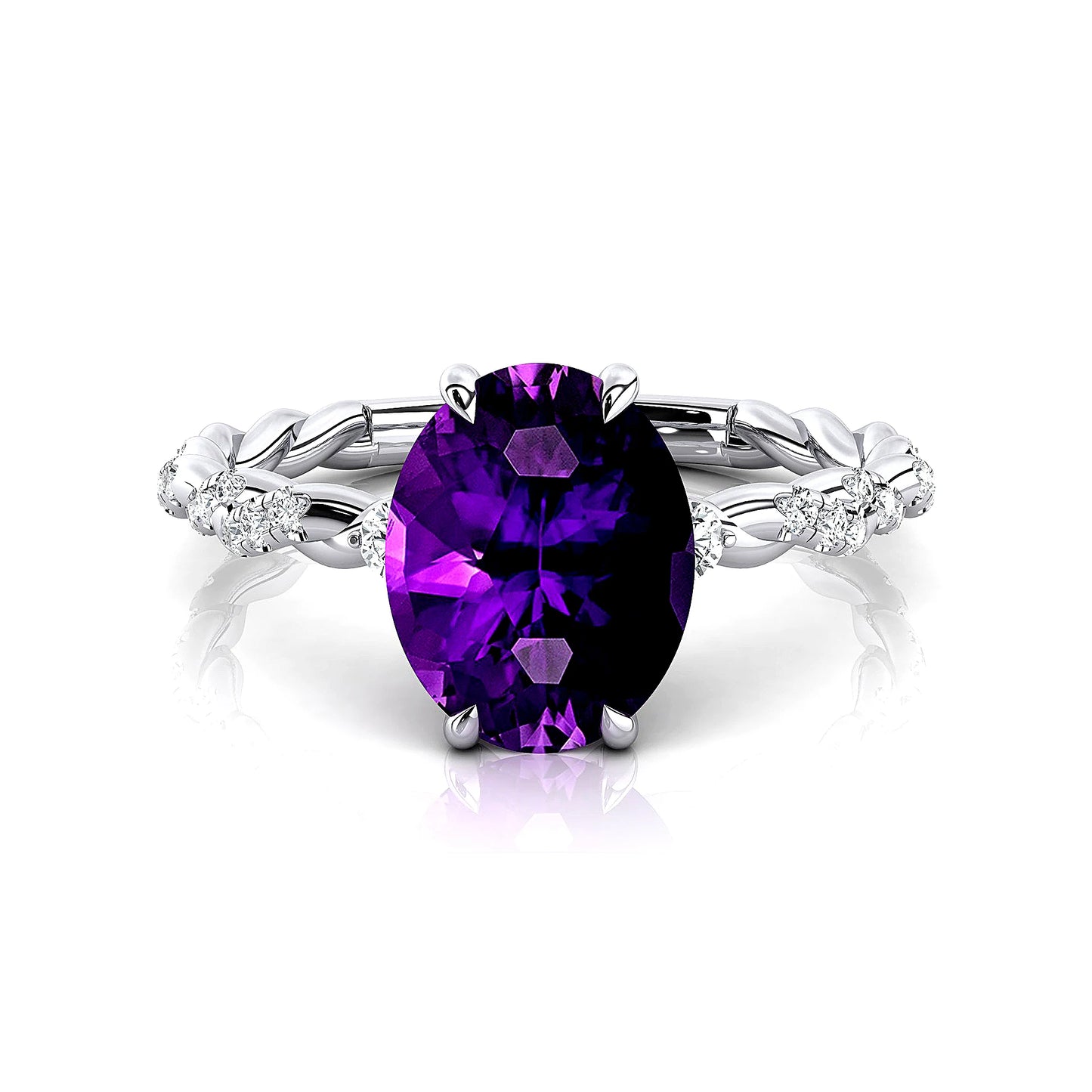 Luxurious Design Classic Rhodium Plated Women's Unique Amethyst Gemstone Real Diamonds Wedding Anniversary Rings 14k Solid Gold