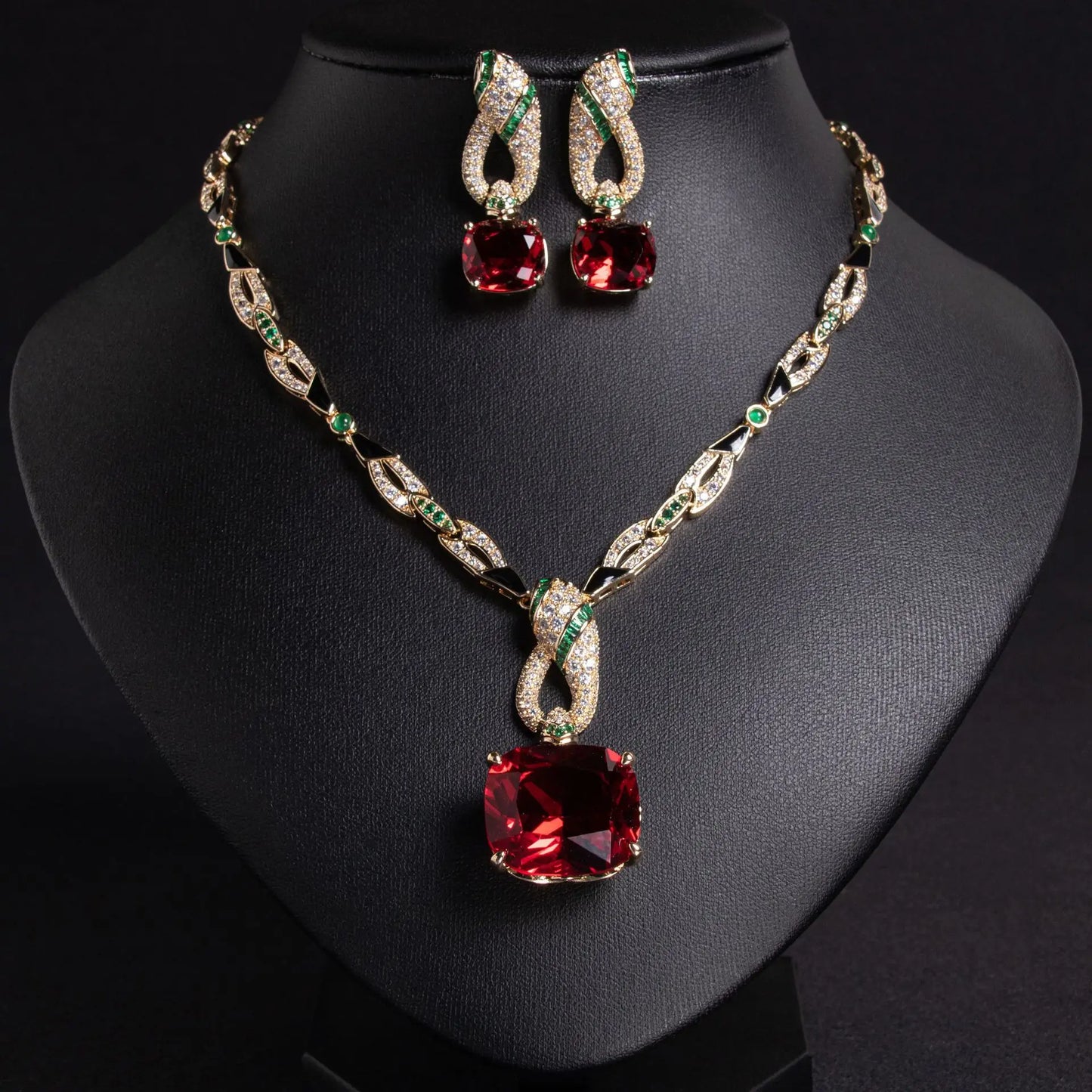 African-Inspired Cubic Zirconia Pendant Necklace & Earrings Set — Green, White, Blue, Red & Turquoise