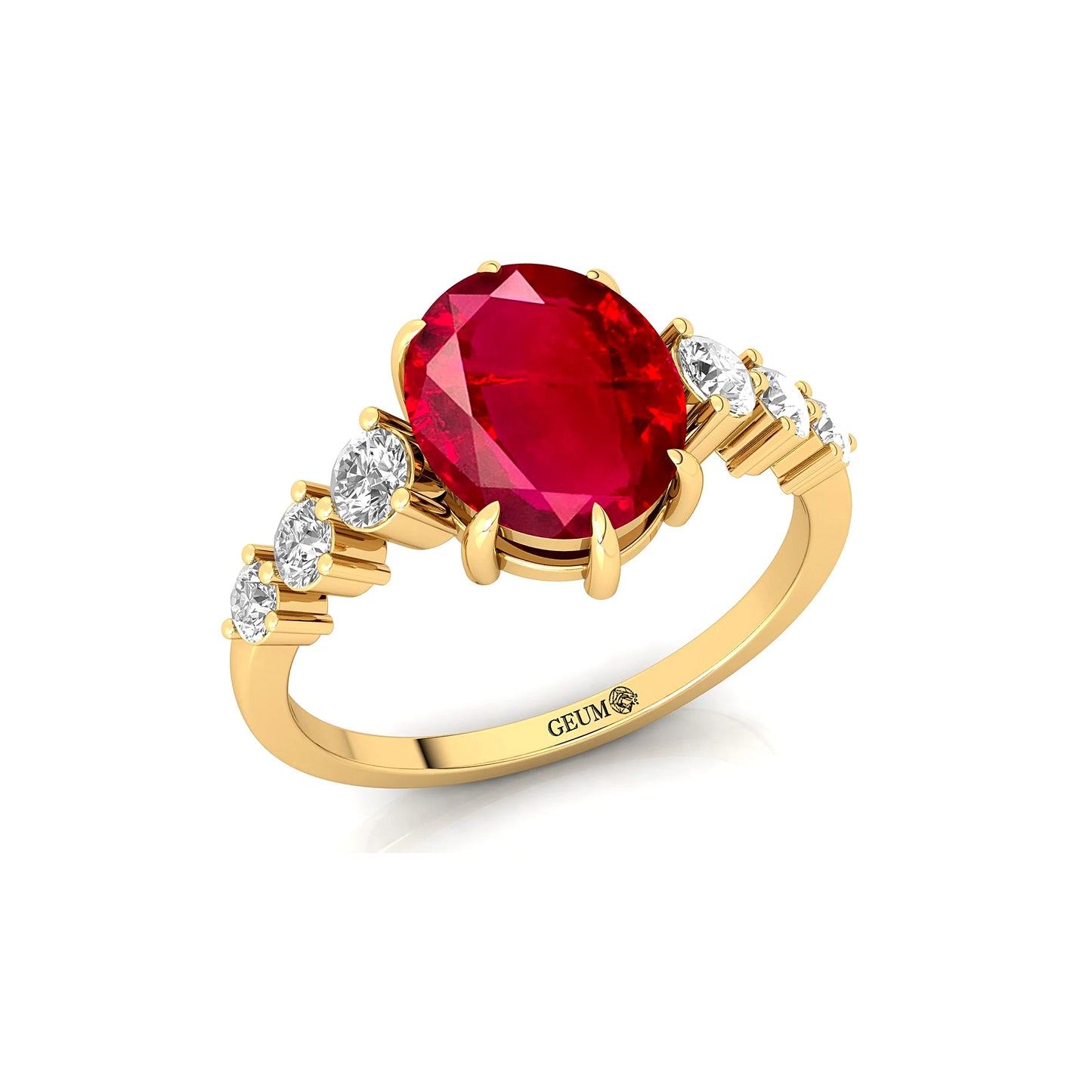 14K Gold Oval Cut Lab Grown Ruby & Side Diamond Solitaire Ring Classic Luxury Design Lab Made Ruby & Real Diamonds Wedding Ring
