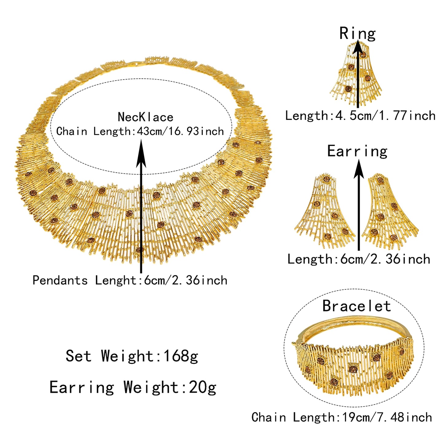 Zhuerrui Gold Plated Fringe Design Jewelry Set Including Necklace Bracelet Earrings for Wedding Party Formal Occasions I0001420