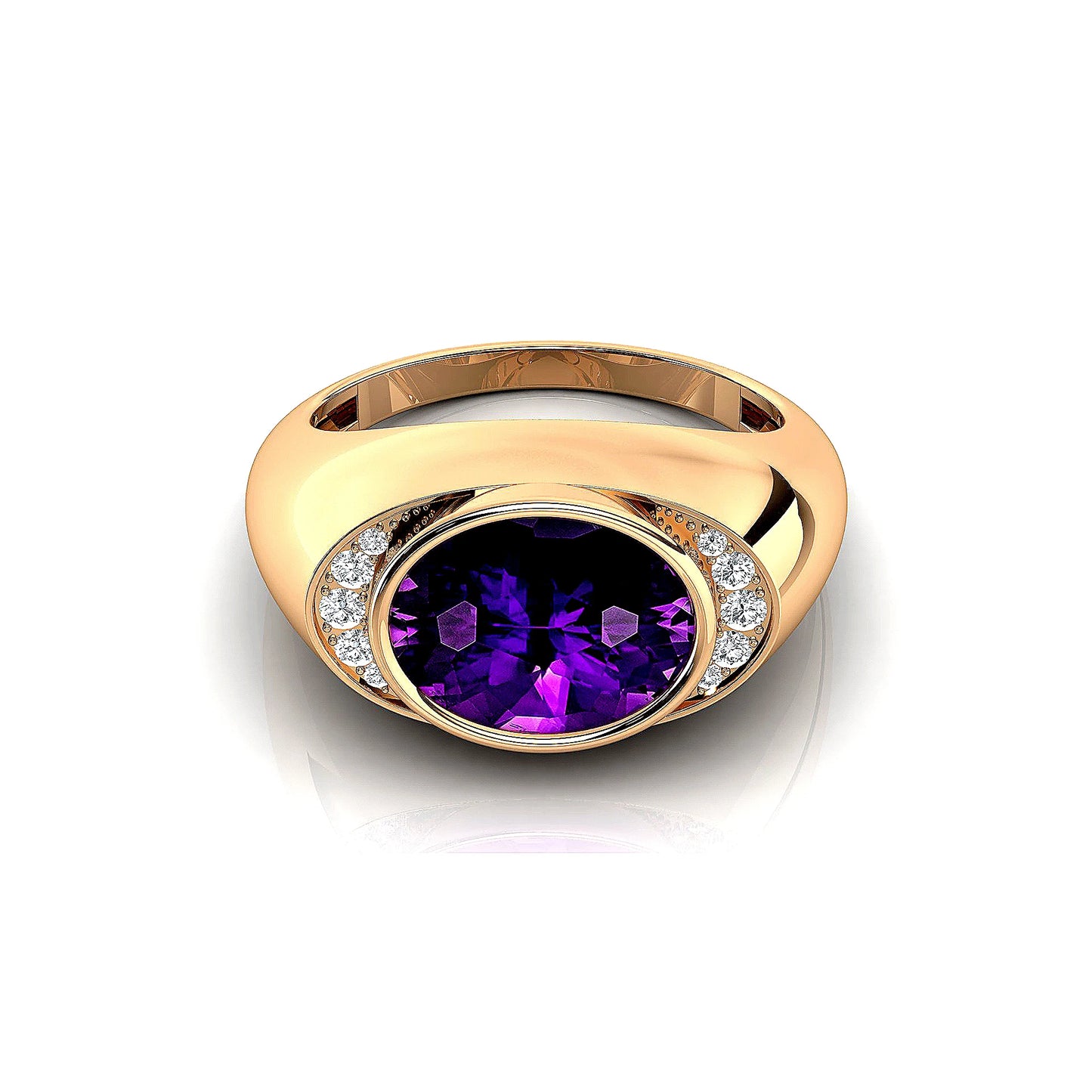 Oval Cut Natural Amethyst Gemstone Ring With 10 Real Diamonds Classic Wedding Engagement Party Ring Solid 14K Gold Rhodium Rings