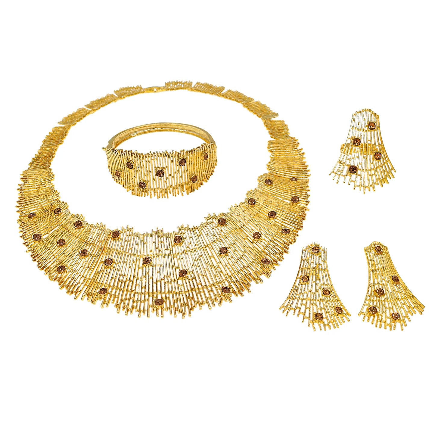 Zhuerrui Gold Plated Fringe Design Jewelry Set Including Necklace Bracelet Earrings for Wedding Party Formal Occasions I0001420