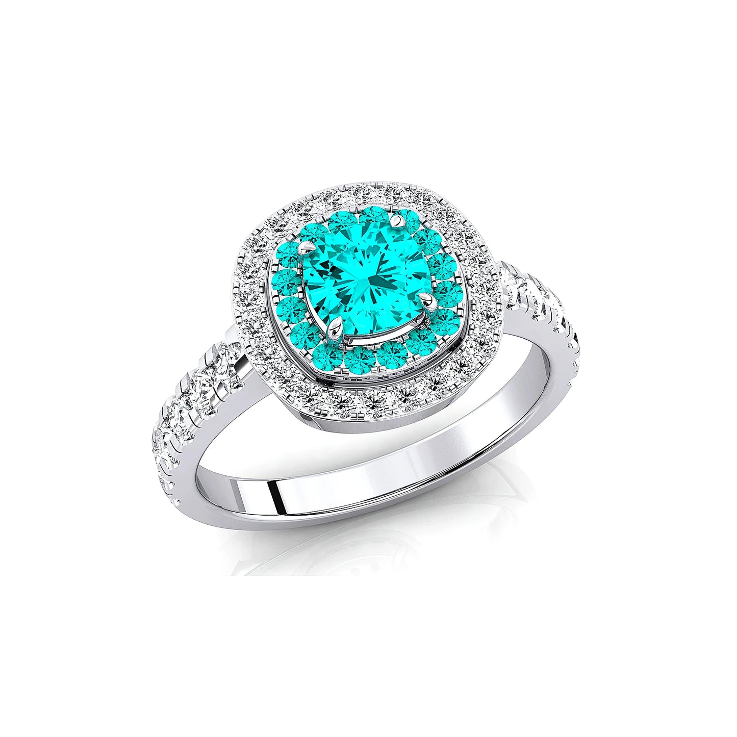 18kt Solid Gold Lab Grown Paraiba Tourmaline Real Diamond Classic Wedding Double Halo Ring Rhodium Plated Fine Jewelry For Gift