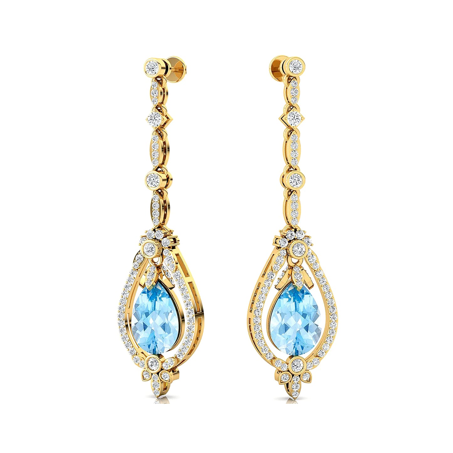 Solid Gold Women's Dangle Drop Earrings Natural Aquamarine Real White Diamond Wedding Engagement Party Gift Bulk ODM Rhodium