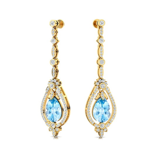 Solid Gold Women's Dangle Drop Earrings Natural Aquamarine Real White Diamond Wedding Engagement Party Gift Bulk ODM Rhodium