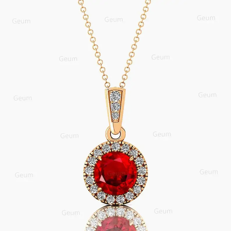 14k Solid Gold Lab Grown Ruby Gemstone Halo Pendant Diamond Necklace Round Shape Fine Jewelry Lab Ruby Gemstone Pendant Jewelry