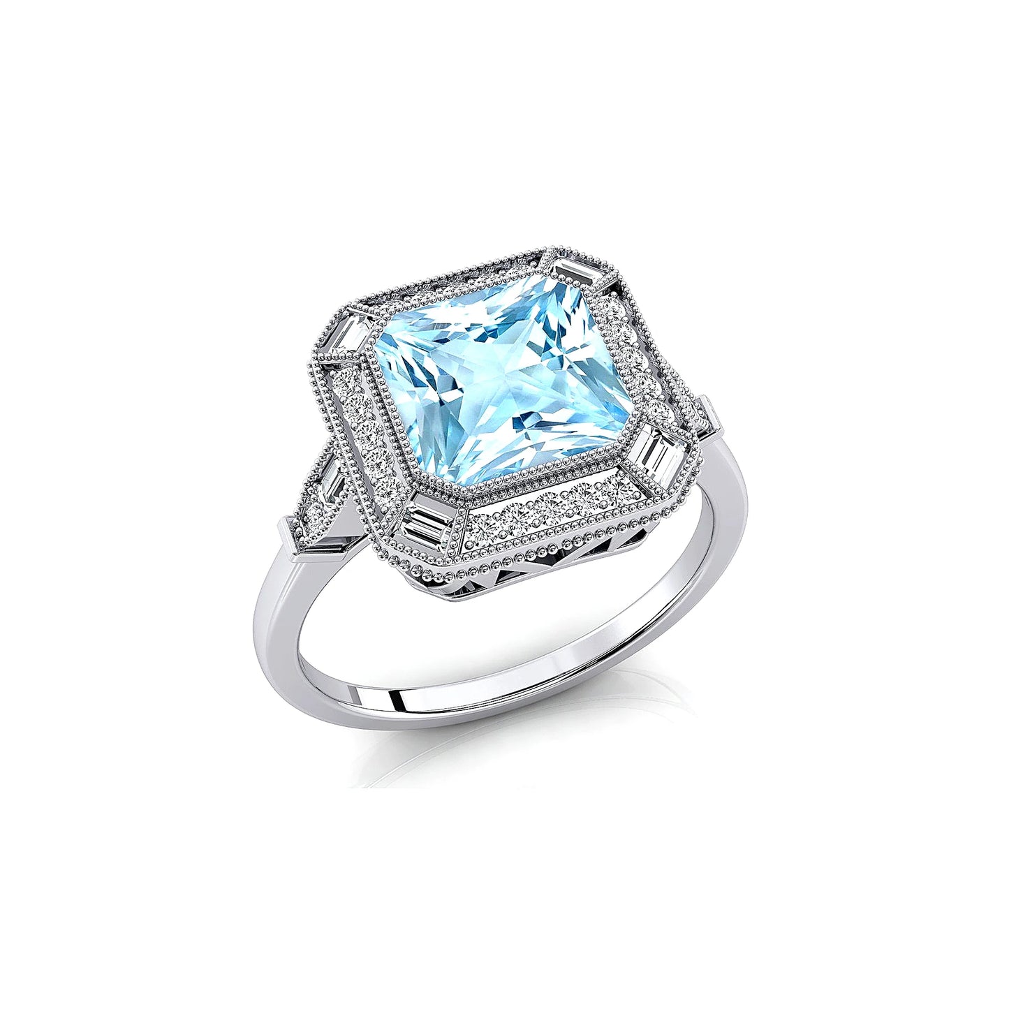 18k Solid Gold Engagement Rings Aquamarine Gemstone Real Diamonds Rhodium Plated Classic Wedding Valentine's Day Gifts for Women