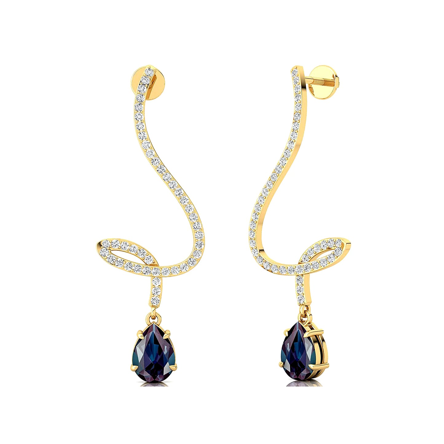 Spiral Diamonds Long Dangling Drop Earrings 18K Solid Gold Pear Cut Lab Grown Alexandrite Gemstone Wedding Earrings Gift For Her