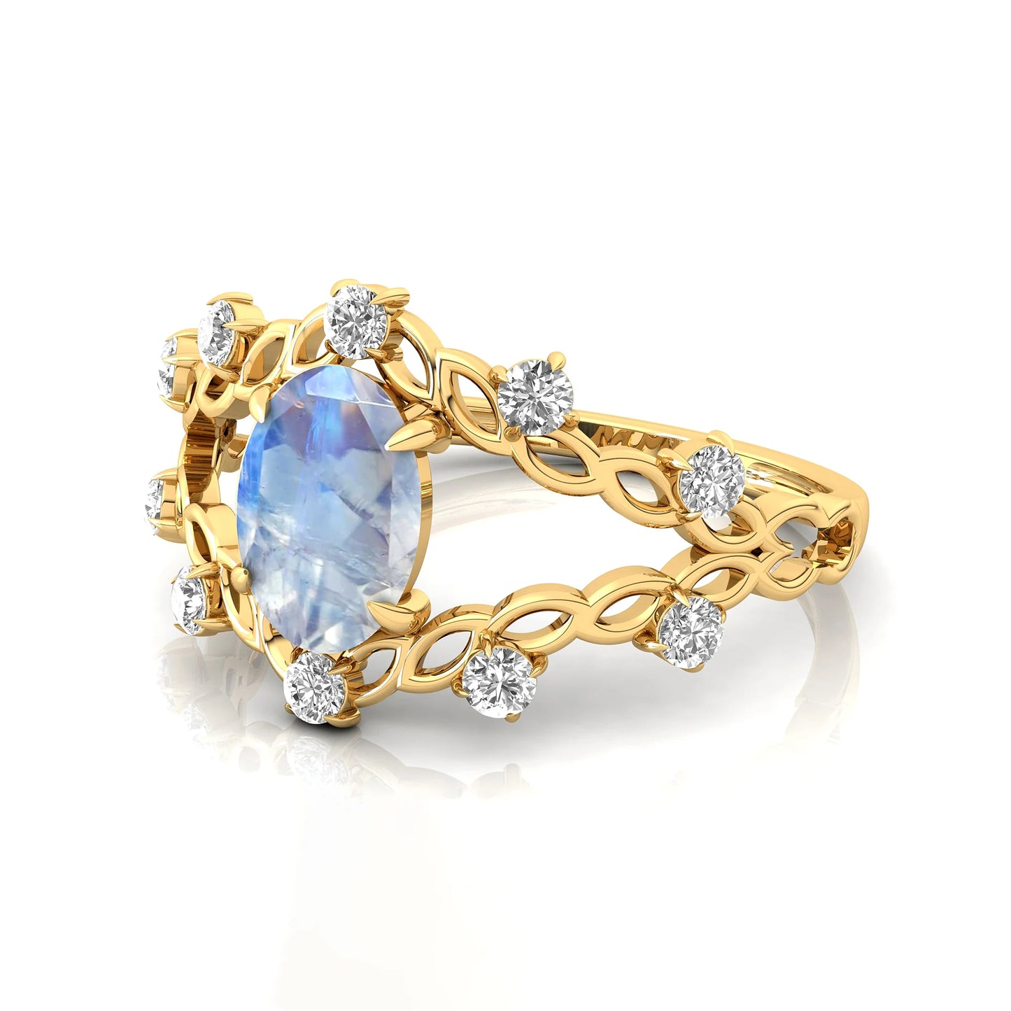 Natural Rainbow Moonstone Oval Faceted Cut Gemstone Wedding Ring 14k Pure Gold Adorned Natural Diamonds Luxurious Gift for Her