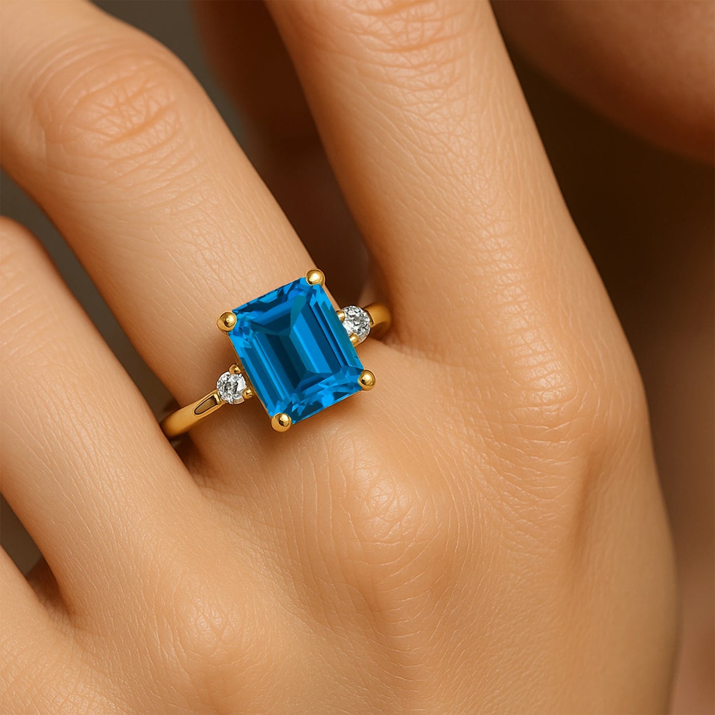 Solid 18K Pure Gold Genuine Pave Diamond Natural Swiss Blue Topaz Gemstone Rings IGI Certified Fine Women's Classic Bridal
