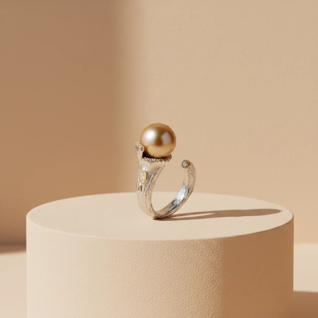 Golden Shell Pearl Setting 925 Sterling Silver Gold Plated Ring