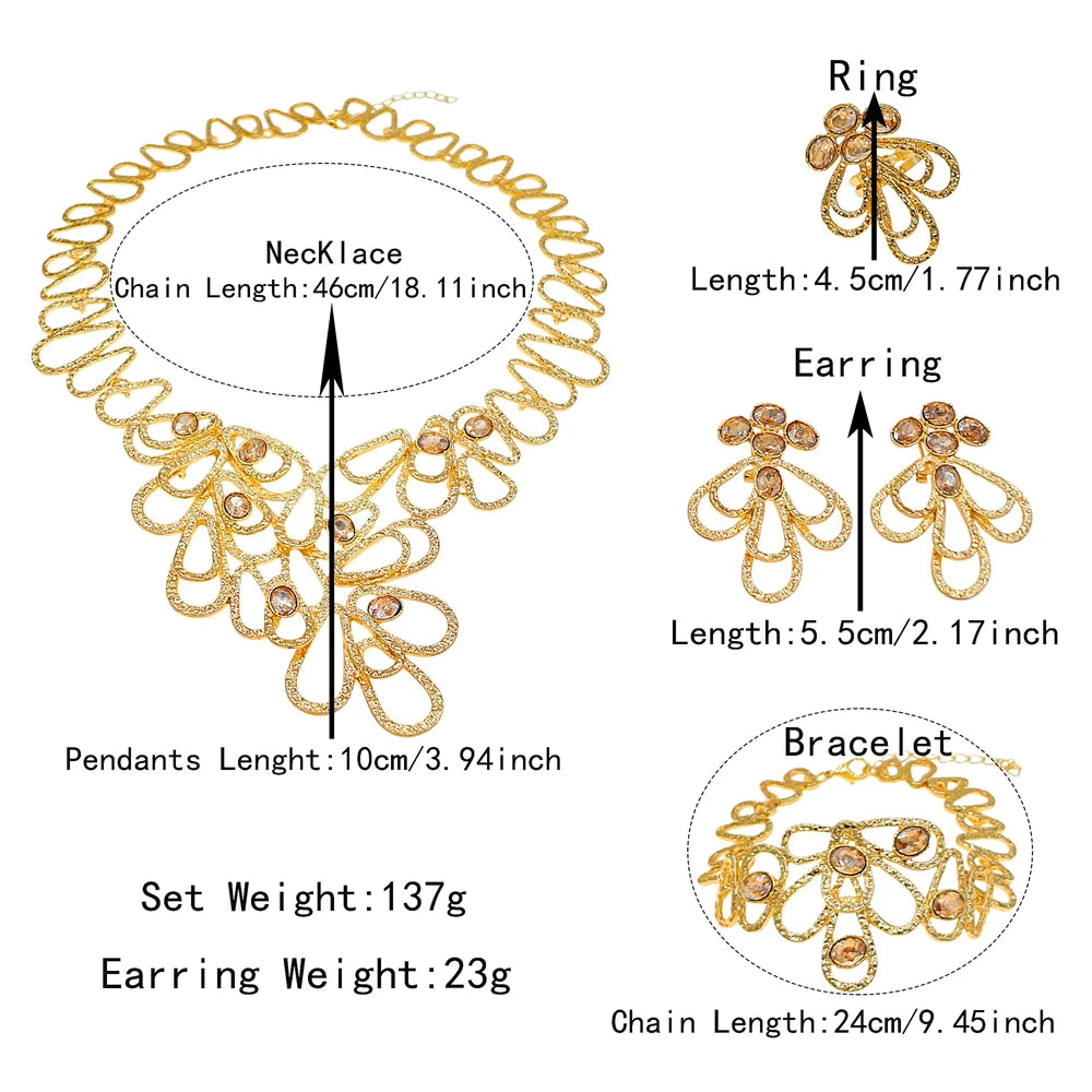 Zhuerrui Brazilian Gold Plated Jewelry Set Hollow Water Drop Floral Crystal Necklace Earrings Bracelet Ring Women Party I0001220