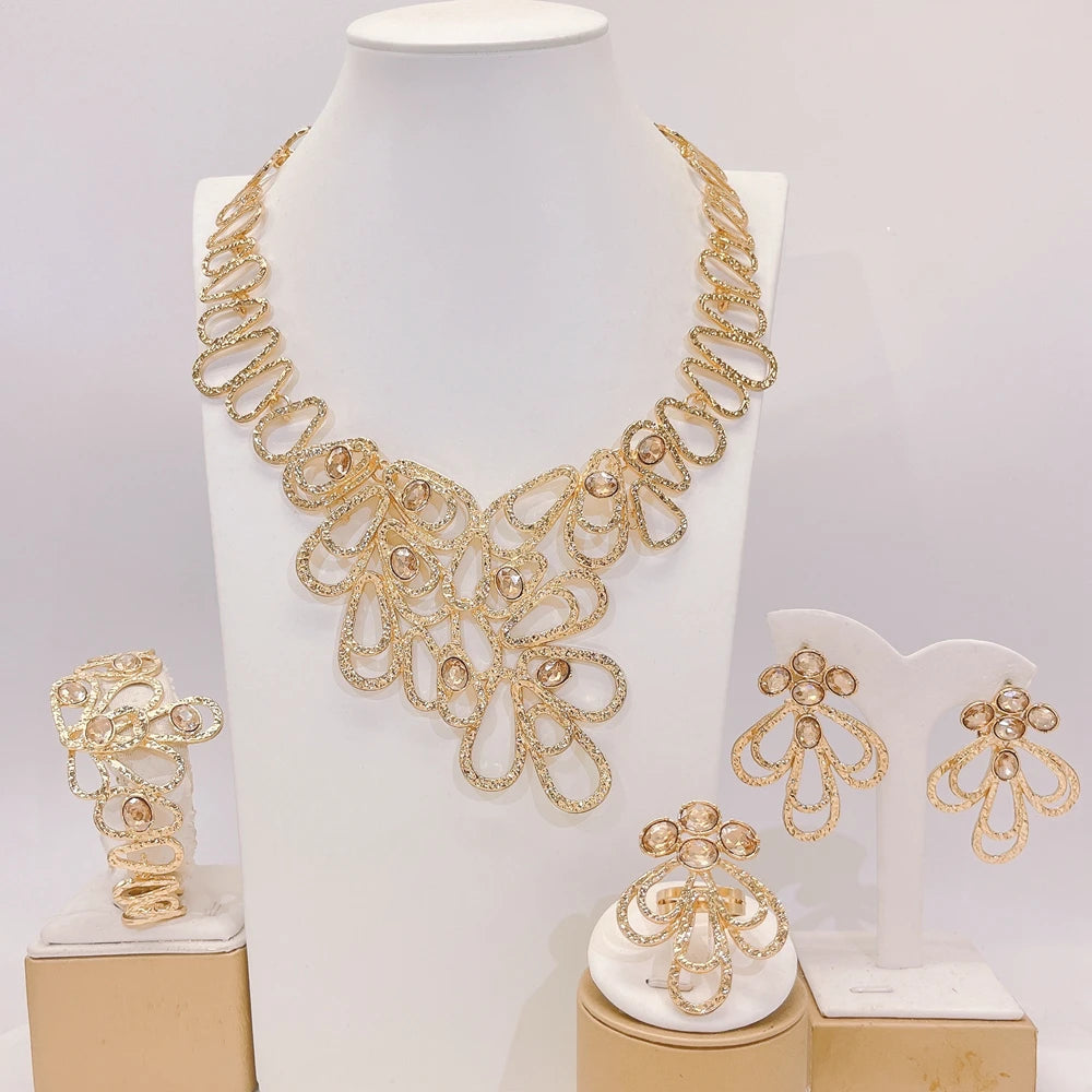 Zhuerrui Brazilian Gold Plated Jewelry Set Hollow Water Drop Floral Crystal Necklace Earrings Bracelet Ring Women Party I0001220