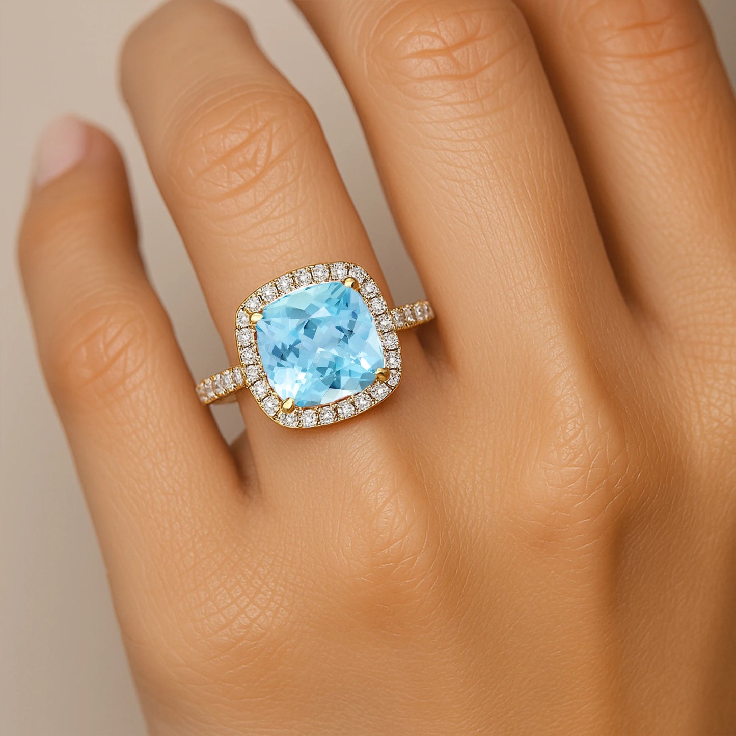 14k Solid Gold Cushion Cut Aquamarine March Birthstone Wedding Bridal Party Fashion Ring for Women Classic Fine Jewelry