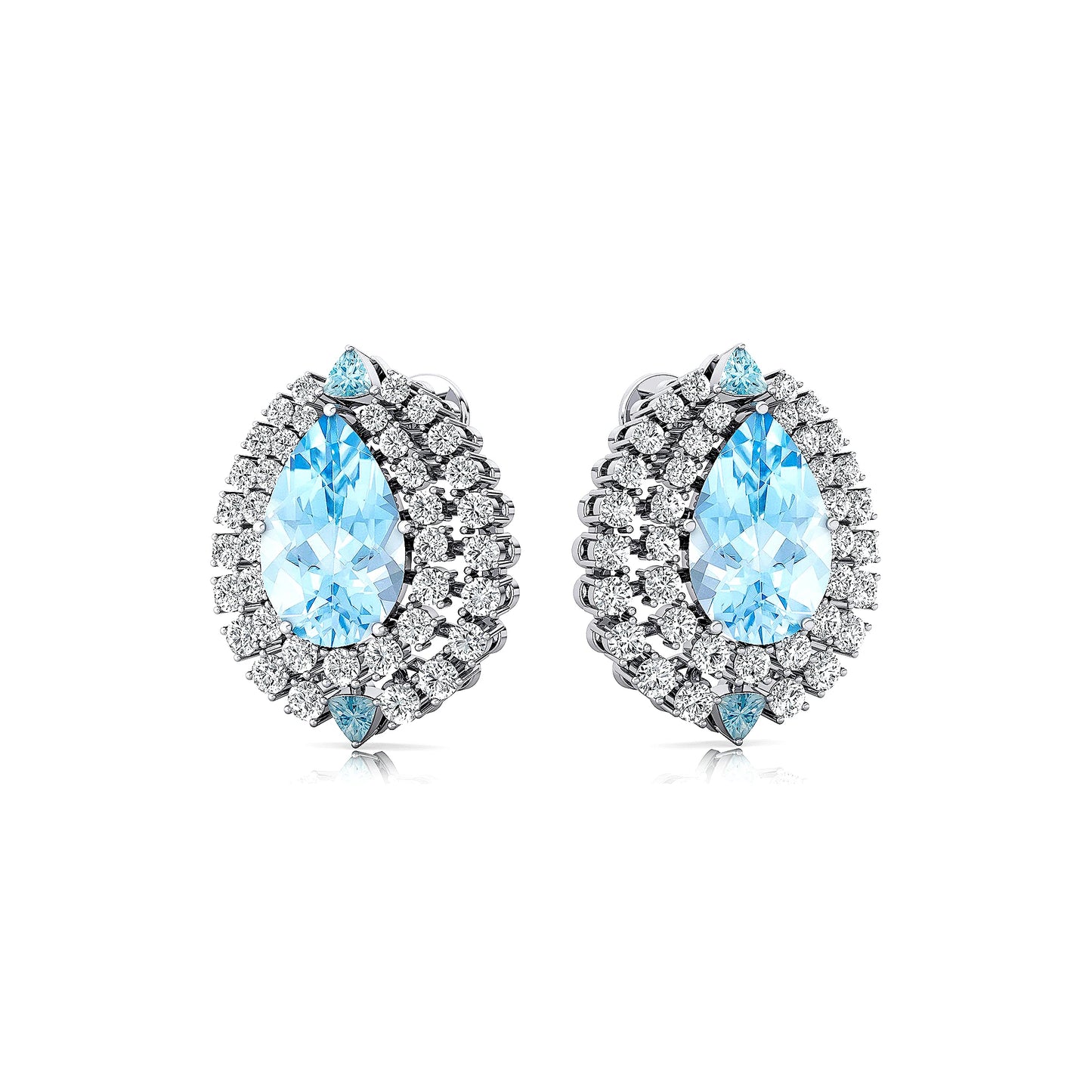 Double Halo Diamonds Pear Aquamarine Gemstone Solid Gold Stud Earrings Handmade Cute Fine Jewelry Natural Real Diamonds Earrings