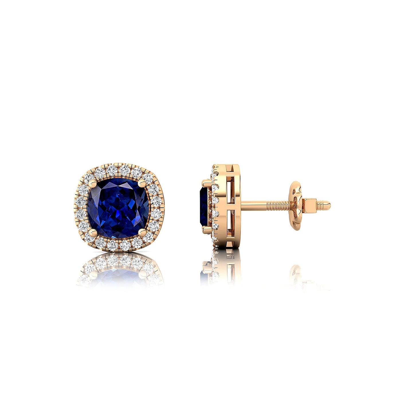 Handmade 18K Solid Gold Stud Earrings Lab Blue Sapphire Gemstone with Real Diamonds Cute Gift Statement Bridal Wedding Jewelry