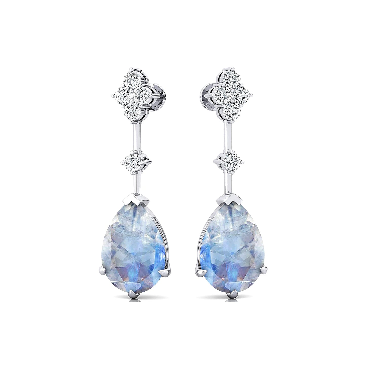High Quality Natural Rainbow Moonstone Gemstone Real Diamonds Stud Earrings 18k Solid Gold Rhodium Plated Cute Fine Birthstone