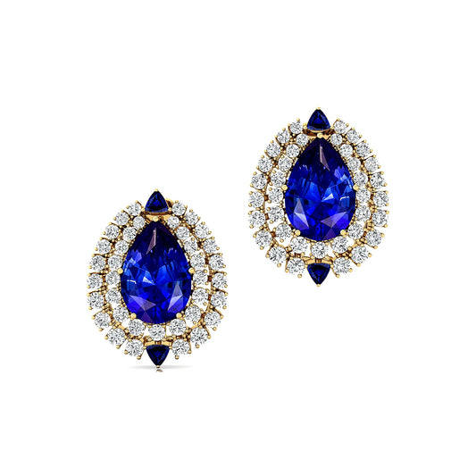 Classic 18K Solid Rose Gold Earrings Cute Trendy Women's Fine Studs Halo Pear Shaped Lab Grown Blue Sapphire OEM Anniversary