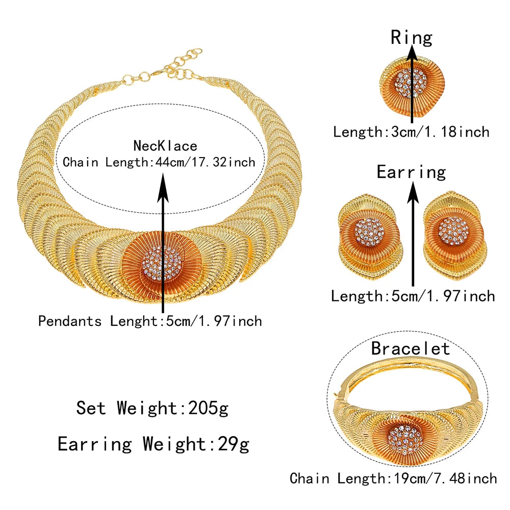 Zhuerrui Italian Gold Plated Jewelry Set Layered Fan Gradient Floral Crystal Necklace Earrings Bracelet Ring Women Party I00001