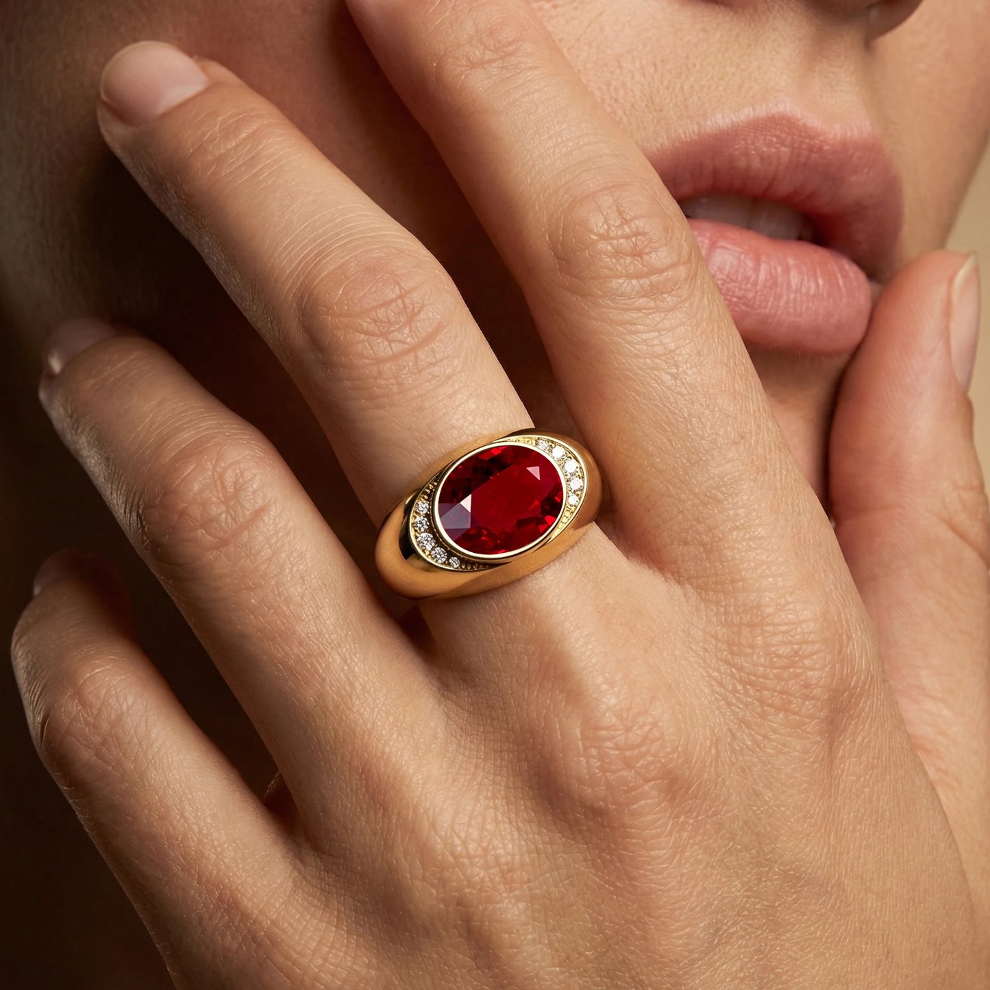 July Birthstone Oval Lab Grown Ruby Halo Signet Ring in 18K Solid Gold with Real White Diamonds Rhodium Plated Wedding Ring Gift