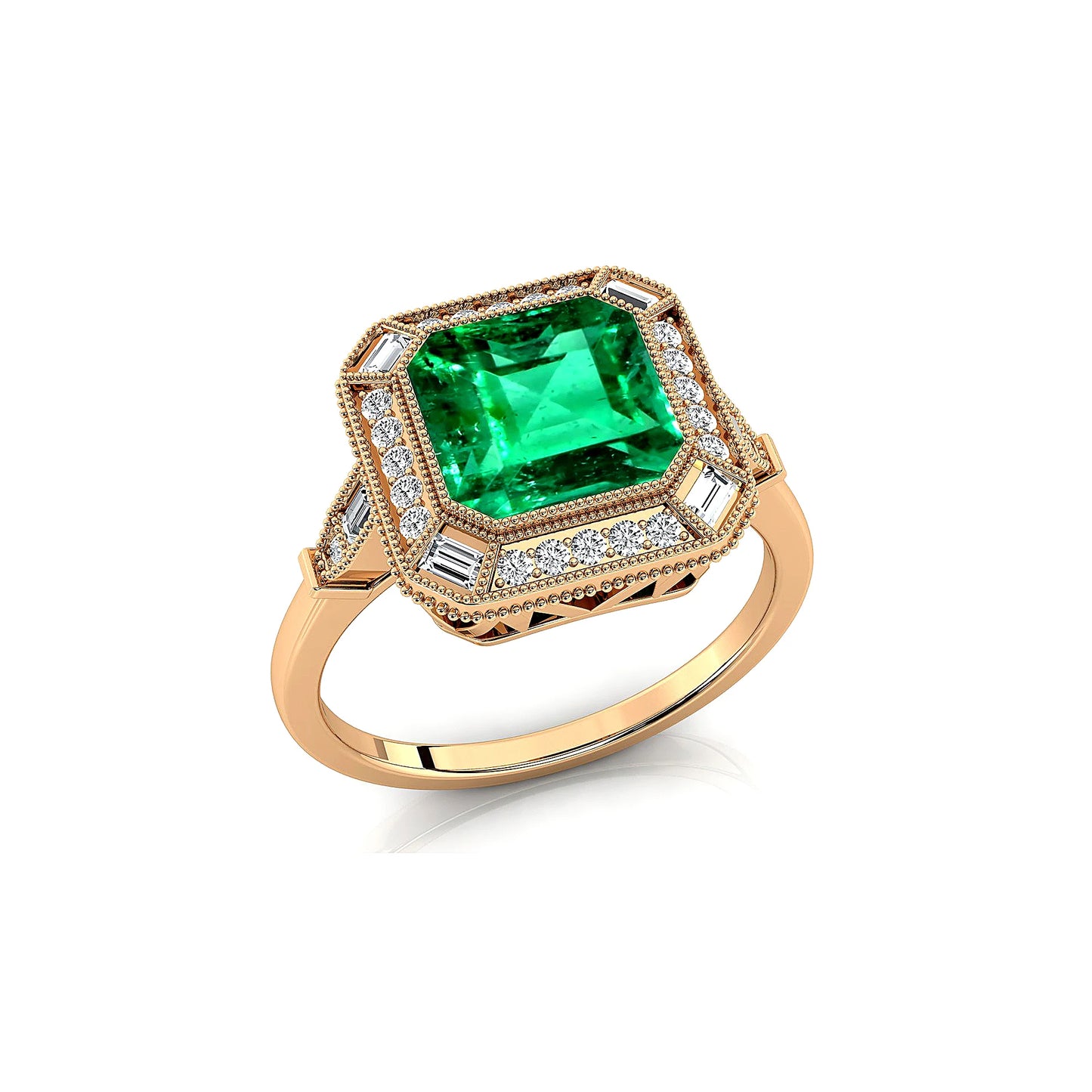 Solid Gold 100% Lab Grown Emerald Gemstone Rhodium Plated Halo Diamonds Solitaire Fine Jewelry Ring Gift For Anniversary