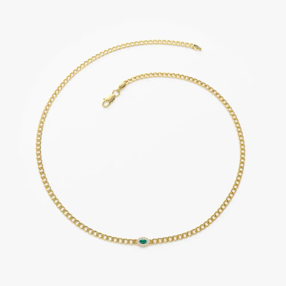 14k Gold Marquise Cut Green Emerald Gemstone With Diamonds Bracelet Luxury Fine Jewelry 2MM Curb Link Chain Emerald Bracelet
