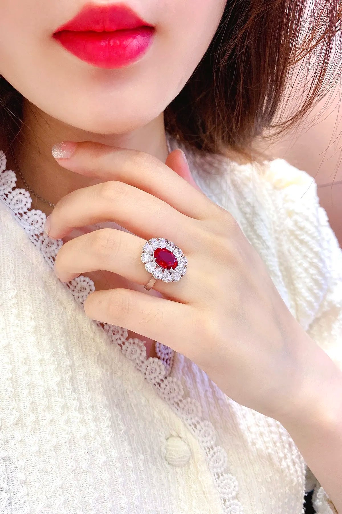 Gemfiori Anster Lab Made Diamonds and Ring S925 Sterling Silver Oval Cut Lab Created Ruby Women Ring