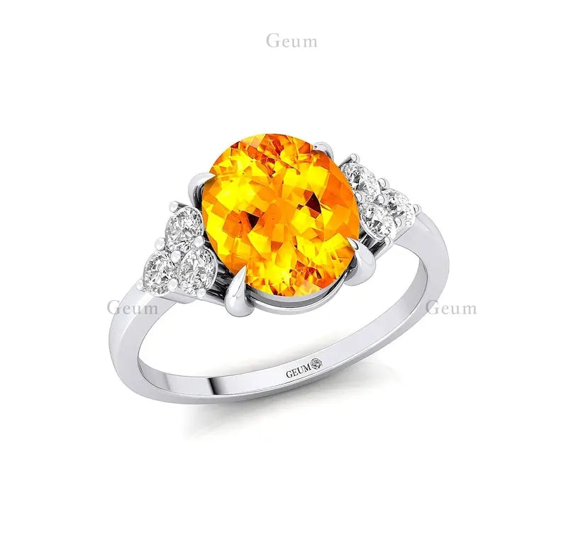 Luxury Solid Gold Oval Cut Citrine Gemstone Ring Real Diamonds Pave Setting Certified Statement Wedding Engagement Ring Party