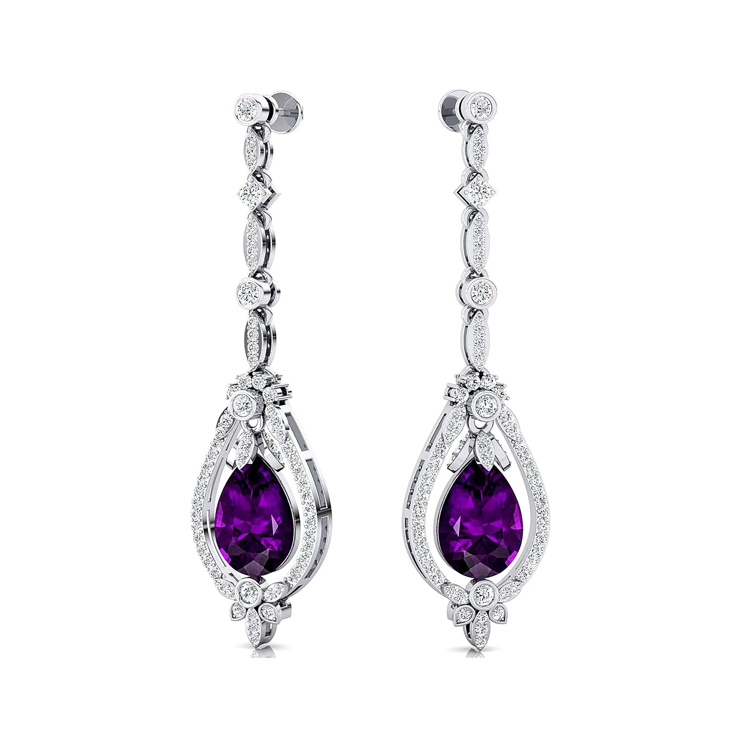 Trendy 18K Solid Gold Earrings Women's Beautiful Teardrop Accented Drop Earrings Natural Amethyst and Diamonds Halo Earrings