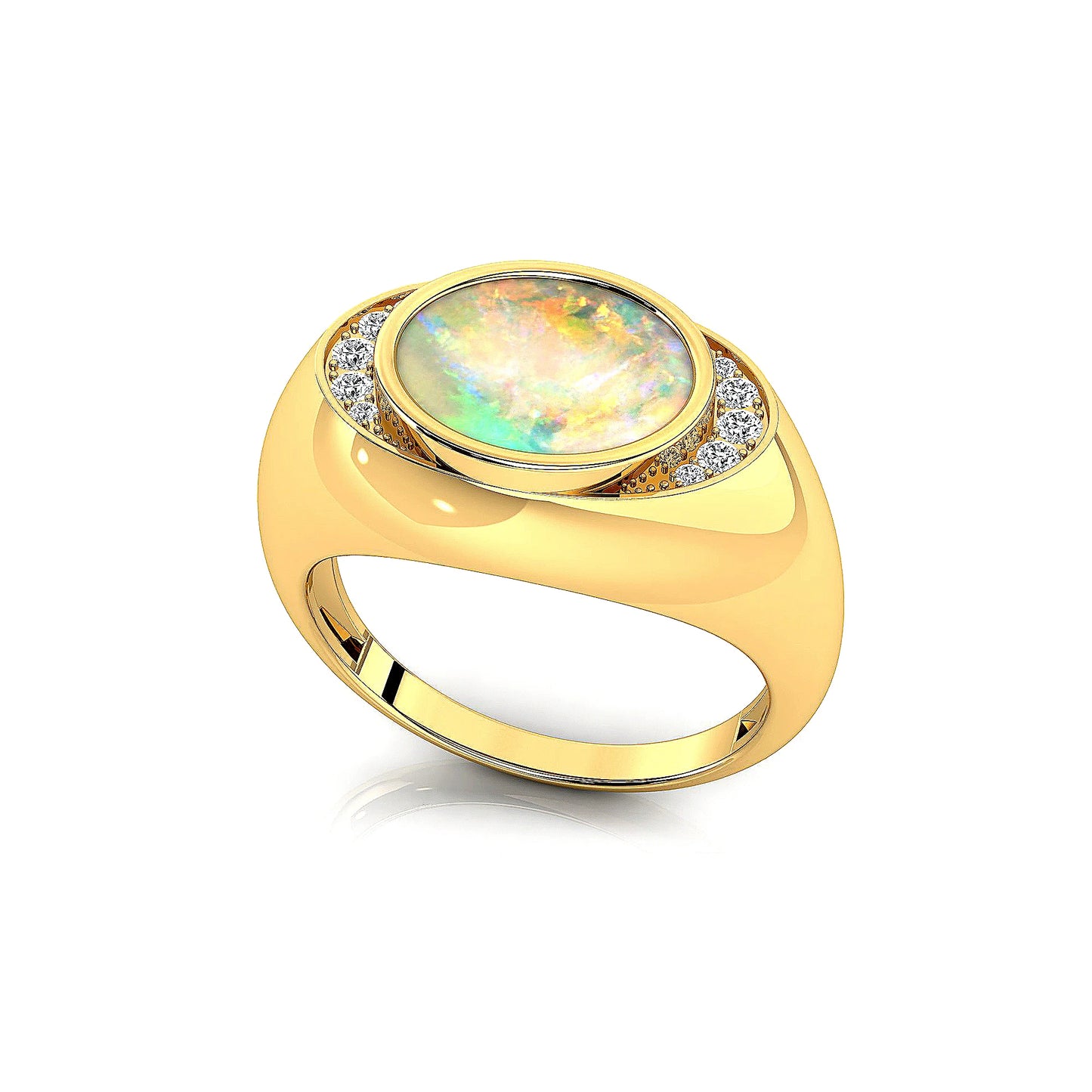 Minimalist Design Oval Cut Natural Ethiopian Opal Gemstone Wedding Luxurious Signet Ring With Real Diamonds 18k Solid Gold Rings