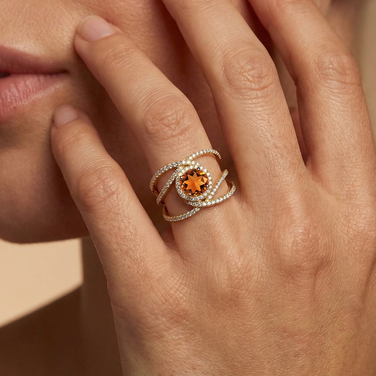 Luxury Hand Crafted 18K Solid Gold Solitaire Rings Natural Citrine Certified Diamonds Rhodium Plated Prong Setting Wedding