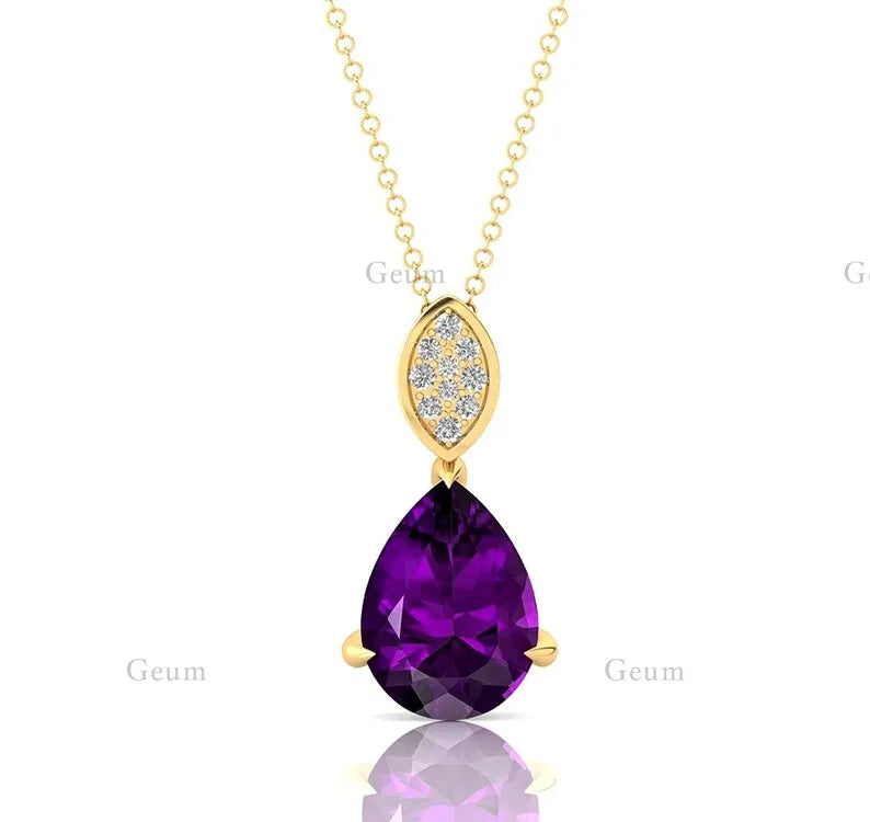 18kt Solid Gold Natural Amethyst Gemstone Real Diamond Teardrop Pendant Necklace Cute Rhodium Plated Luxurious Handmade Jewelry