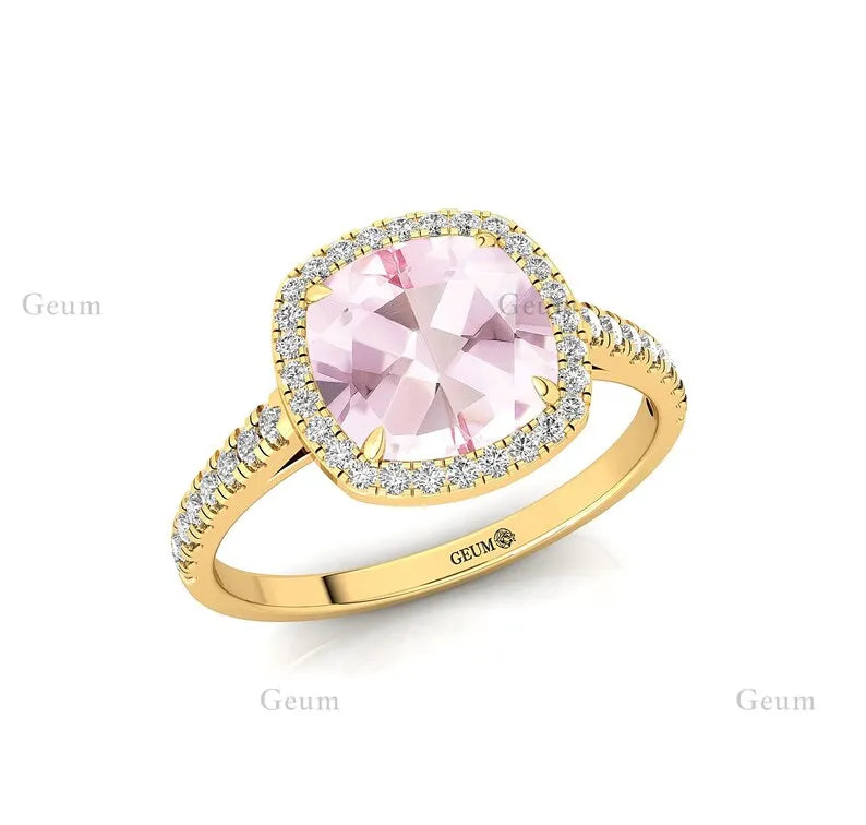 Pink Morganite 14K White Rose Gold Wedding Engagement Ring 7mm Cushion Cut Ring OEM ODM Party Handmade Jewelry