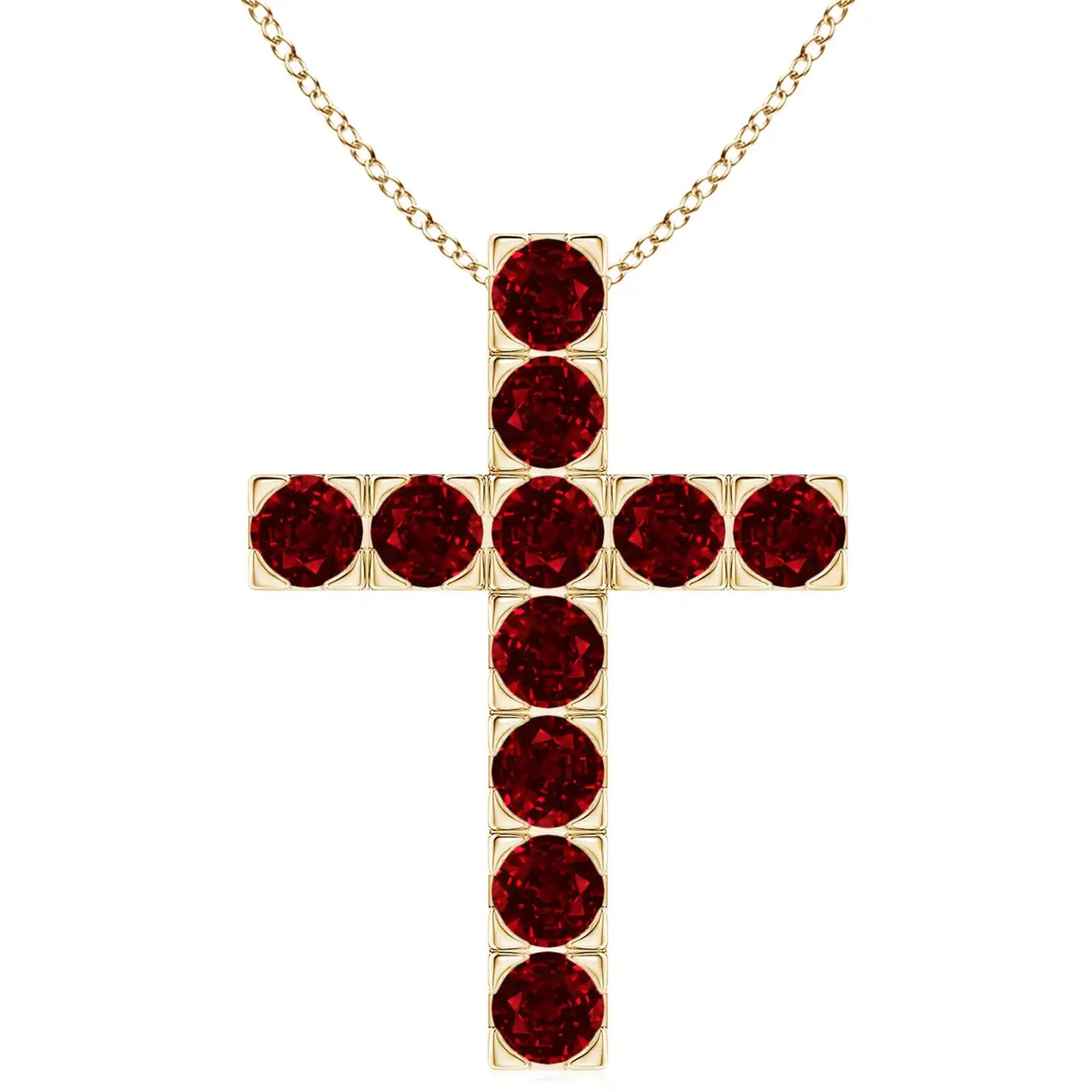 2.66G 14k Solid Gold Flat Prong-Set 2MM 0.5Ctw Natural Red Ruby Multi Gemstone Cross Pendant Christian Religious Cross Pendant