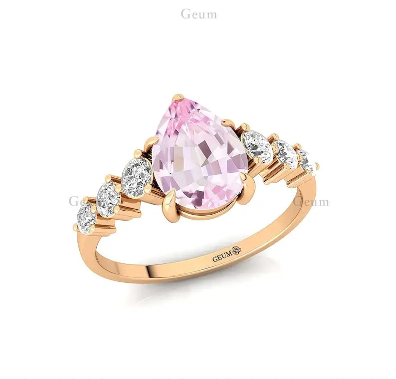 Natural June Birthstone Precious Morganite Gemstone Cluster Rings 14k Solid Gold Natural Certified Diamond Classic Party Jewelry