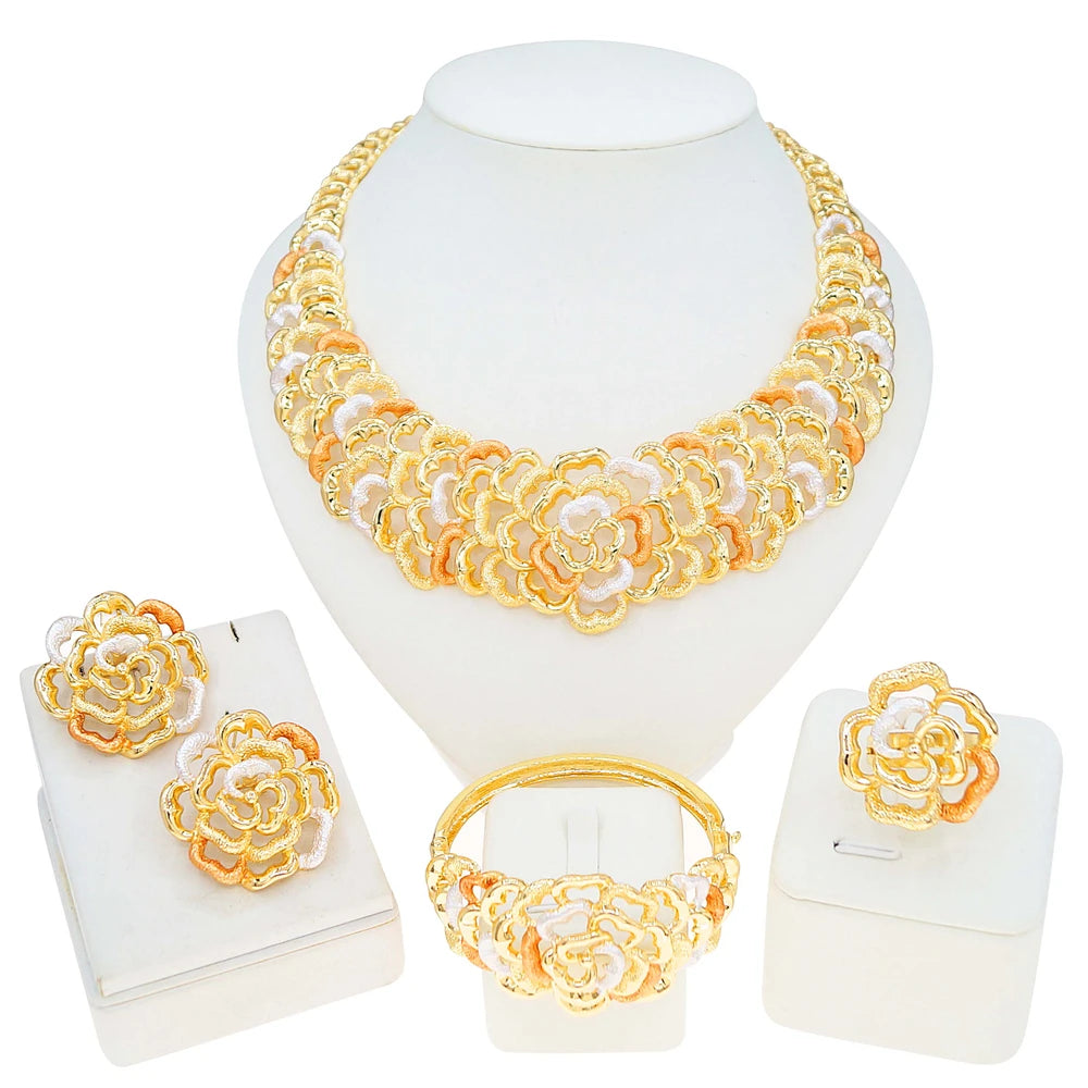 Zhuerrui Italian Gold Plated Jewelry Set Three Tone Floral Pattern Multi Layer Necklace Earrings Bracelet Ring Party I006220