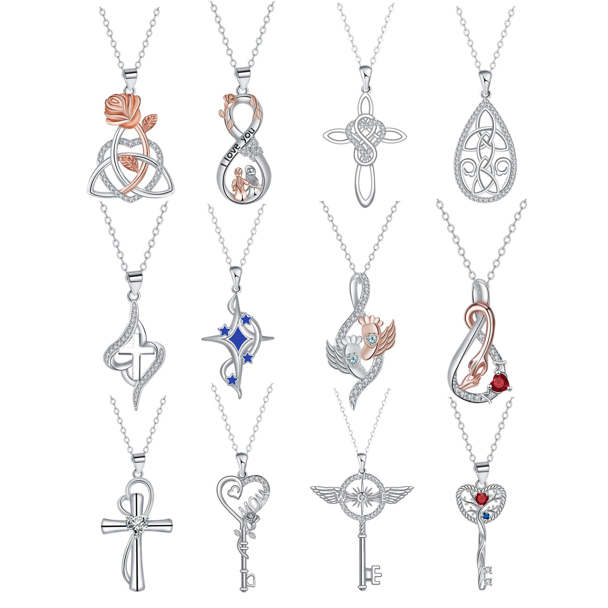 REDheart Silver Plated Celtic Knot Love Rose Necklace Angel Wings Key Necklace Rose Heart Tree of Life Heart Key Necklace for Womens Gift