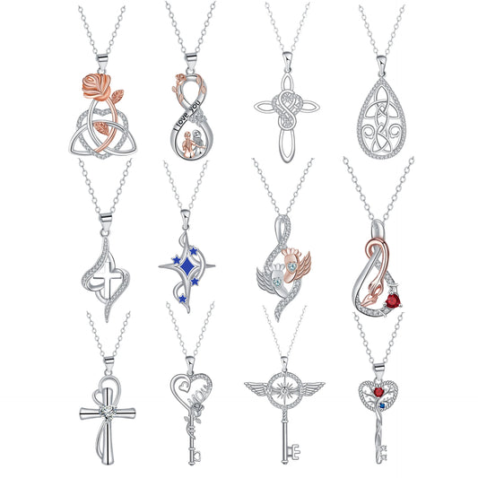 Silver Plated Celtic Knot Love Rose Necklace Angel Wings Key Necklace Rose Heart Tree of Life Heart Key Necklace for Womens Gift