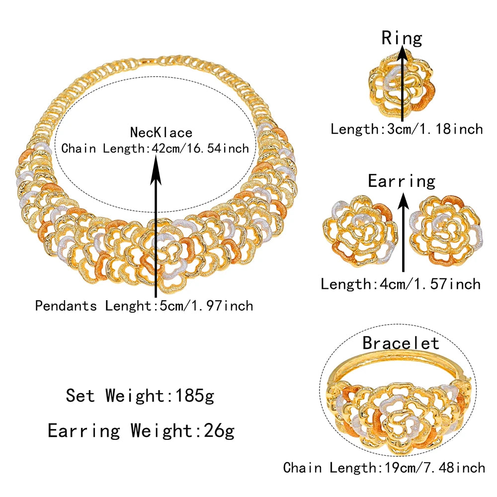 Zhuerrui Italian Gold Plated Jewelry Set Three Tone Floral Pattern Multi Layer Necklace Earrings Bracelet Ring Party I006220