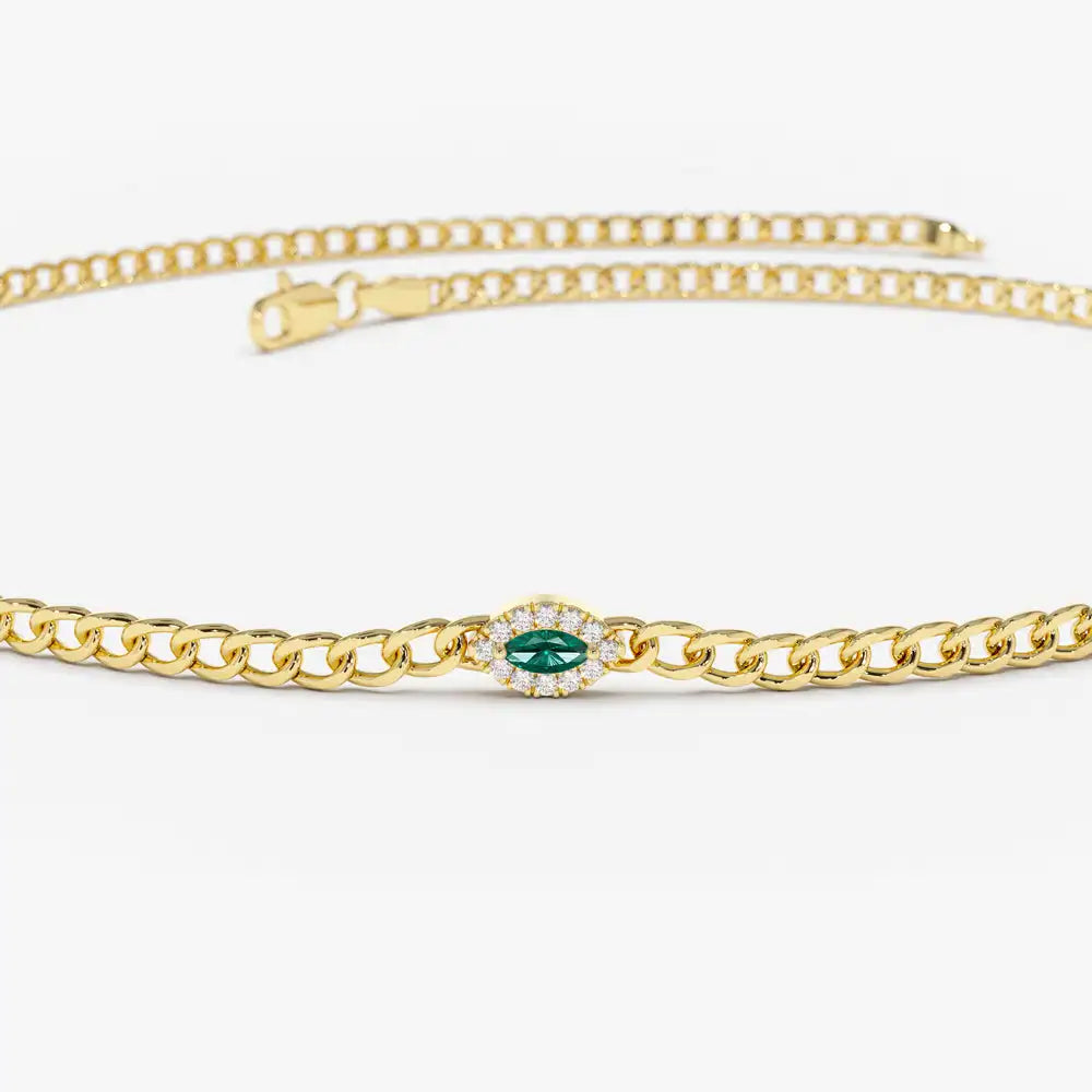 14k Gold Marquise Cut Green Emerald Gemstone With Diamonds Bracelet Luxury Fine Jewelry 2MM Curb Link Chain Emerald Bracelet